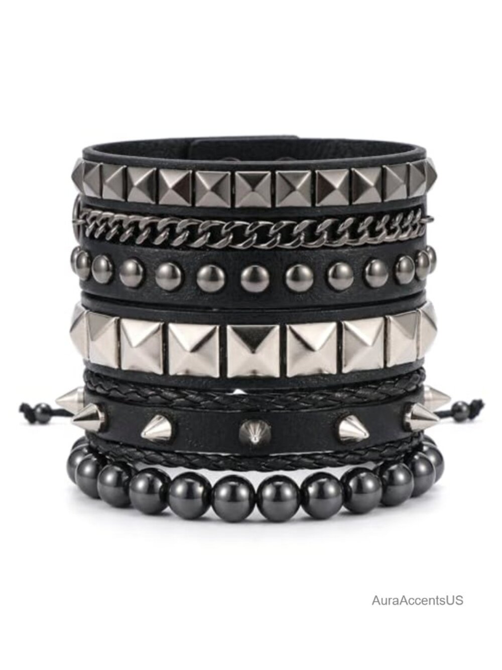 Punk Studded Cuff Bracelets Set of 4, PU Leather Adjustable